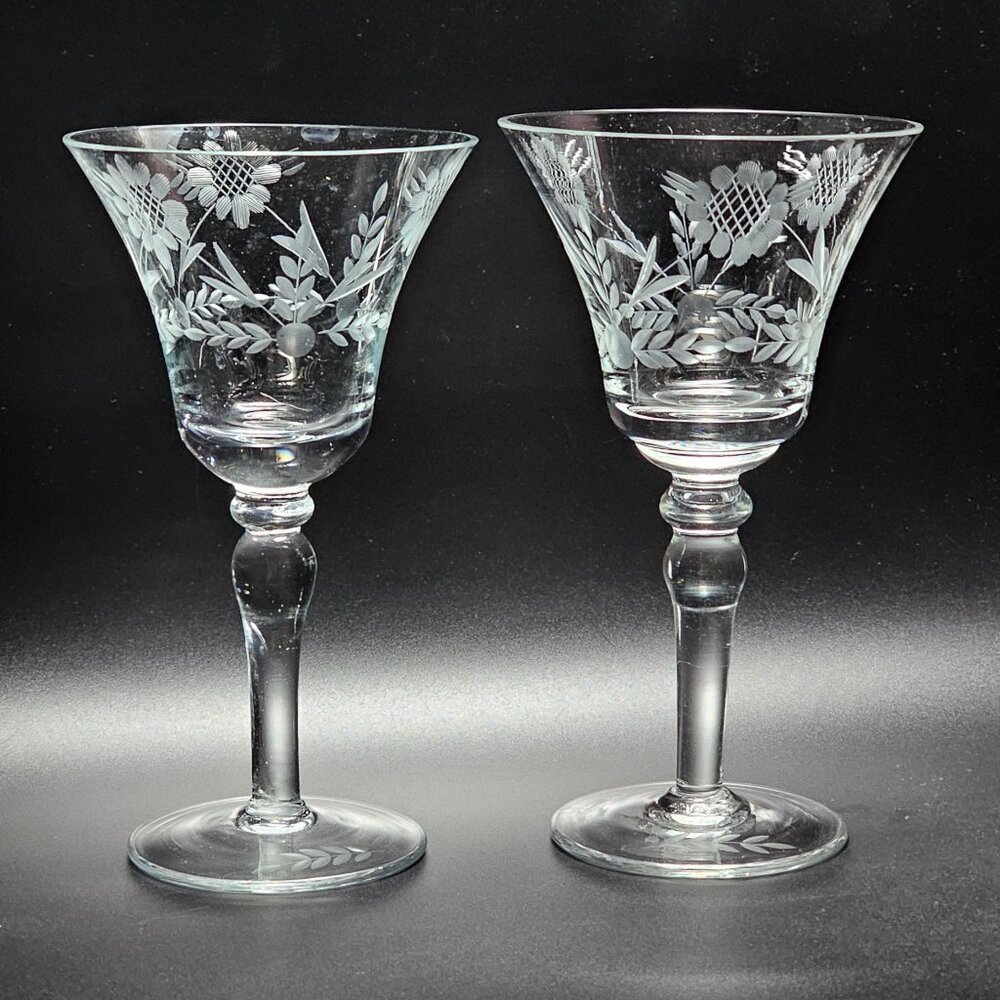 2 Crystal Clear Sunflowers Wine Glasses 6.5" etched crystal cottage core 6oz